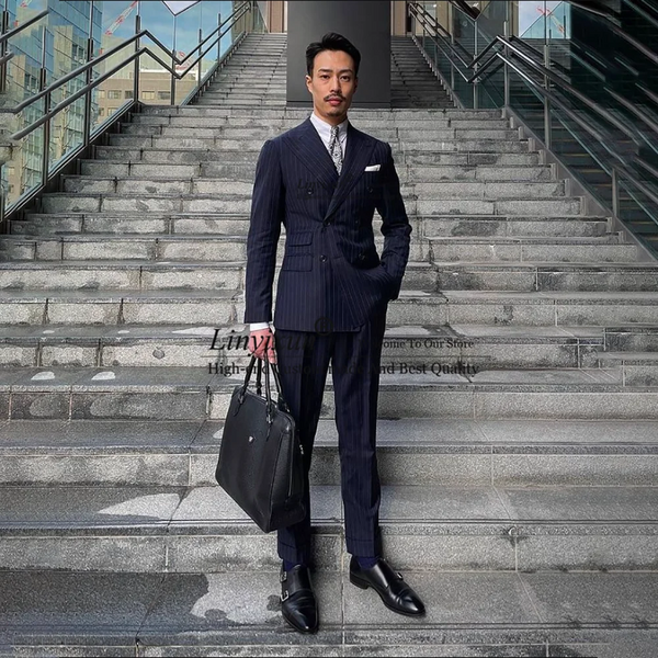 Navy Blue Stripe Mens Suits Double Breasted Slim Fit 2 Piece Set Business Blazer Wedding Groom Tuxedo Costume Homme Jacket Pants