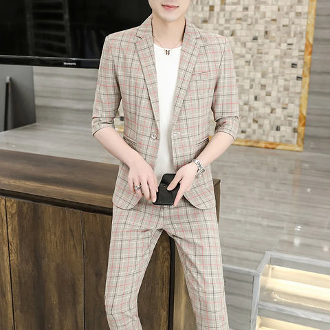 suit (Blazer+ nine-point pants) teenagers in the sleeve decoration body style men's seven-point sleeve summer coat