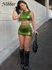 Nibber Solid Shinny Silky Two Piece Set Women Skinny Sleeveless Vest+ Sexy Drawstring Hip warps Skirt Streetwear Casual Clothing