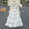 Elegant Embroidered Sequins Long Dresses Autumn Women Layer Ruffles Cake Full Sleeve Evening Party Vestidos Mesh Tulle Long Robe