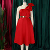 Women Big Bow Shoulder Skew Collar Big Swing Knee Length Dress Belt Street Vestidos Sexy Party Evening Chic Dresse