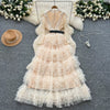 Elegant Embroidered Sequins Long Dresses Autumn Women Layer Ruffles Cake Full Sleeve Evening Party Vestidos Mesh Tulle Long Robe