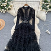 Elegant Embroidered Sequins Long Dresses Autumn Women Layer Ruffles Cake Full Sleeve Evening Party Vestidos Mesh Tulle Long Robe