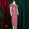 Women Short Ruffles Sleeve O-neck Ribbon Bodycon Midi Dress Street Africa OL Evening Sexy Party Dresses Vestido