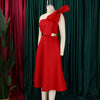 Women Big Bow Shoulder Skew Collar Big Swing Knee Length Dress Belt Street Vestidos Sexy Party Evening Chic Dresse
