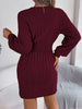Autumn Winter Solid Color Woolen Dress O-Neck Lantern Long Sleeve Hollow Out Knitted Mini Dresses Woman Clothing
