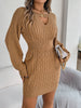 Autumn Winter Solid Color Woolen Dress O-Neck Lantern Long Sleeve Hollow Out Knitted Mini Dresses Woman Clothing