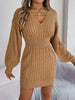 Autumn Winter Solid Color Woolen Dress O-Neck Lantern Long Sleeve Hollow Out Knitted Mini Dresses Woman Clothing
