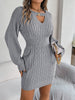 Autumn Winter Solid Color Woolen Dress O-Neck Lantern Long Sleeve Hollow Out Knitted Mini Dresses Woman Clothing