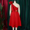 Women Big Bow Shoulder Skew Collar Big Swing Knee Length Dress Belt Street Vestidos Sexy Party Evening Chic Dresse