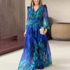 Women Dresses Long Sleeve Sexy V Neck Dress Hollow Print Dress High Waist Vestidos Ruffle Ankle Length Sight Strech Autumn
