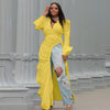 Vintage Women Long Sleeve High Side Split Ruched Up Wrap Lapel Collar White Maxi Long Dress Street Dresses