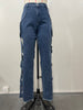 Women Streetwear Cutout Hollow Out Criss Cross Side Wide Leg Blue Denim Pants Sexy Party Jeans Trousers