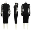Elegant Women Floral Applique Mesh Long Sleeve Knit Ribbed Sweater Dress Autumn Winter Bodycon Dresses Vestidos