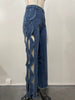 Women Streetwear Cutout Hollow Out Criss Cross Side Wide Leg Blue Denim Pants Sexy Party Jeans Trousers