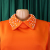 Women Loose Dresses Turn Down Collar with Beading Elegant Office Ladies Occasion Female Casual Long Tulle Sleeves Gowns