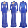 Women Mesh See Though Diamonds Rhinestones Cutout Front Long Sleeve Sexy Party Club Evening Prom Maxi Long Dress