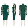 Elegant Women Floral Applique Mesh Long Sleeve Knit Ribbed Sweater Dress Autumn Winter Bodycon Dresses Vestidos