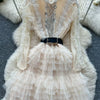 Elegant Embroidered Sequins Long Dresses Autumn Women Layer Ruffles Cake Full Sleeve Evening Party Vestidos Mesh Tulle Long Robe
