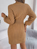 Autumn Winter Solid Color Woolen Dress O-Neck Lantern Long Sleeve Hollow Out Knitted Mini Dresses Woman Clothing