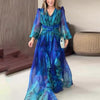 Women Dresses Long Sleeve Sexy V Neck Dress Hollow Print Dress High Waist Vestidos Ruffle Ankle Length Sight Strech Autumn