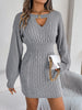 Autumn Winter Solid Color Woolen Dress O-Neck Lantern Long Sleeve Hollow Out Knitted Mini Dresses Woman Clothing