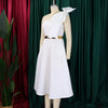 Women Big Bow Shoulder Skew Collar Big Swing Knee Length Dress Belt Street Vestidos Sexy Party Evening Chic Dresse