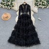 Elegant Embroidered Sequins Long Dresses Autumn Women Layer Ruffles Cake Full Sleeve Evening Party Vestidos Mesh Tulle Long Robe