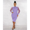 Elegant Women Floral Applique Mesh Long Sleeve Knit Ribbed Sweater Dress Autumn Winter Bodycon Dresses Vestidos