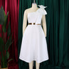 Women Big Bow Shoulder Skew Collar Big Swing Knee Length Dress Belt Street Vestidos Sexy Party Evening Chic Dresse