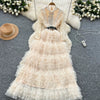 Elegant Embroidered Sequins Long Dresses Autumn Women Layer Ruffles Cake Full Sleeve Evening Party Vestidos Mesh Tulle Long Robe