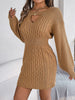 Autumn Winter Solid Color Woolen Dress O-Neck Lantern Long Sleeve Hollow Out Knitted Mini Dresses Woman Clothing
