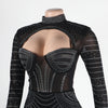 Women Mesh See Though Diamonds Rhinestones Cutout Front Long Sleeve Sexy Party Club Evening Prom Maxi Long Dress