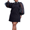 Women Loose Dresses Turn Down Collar with Beading Elegant Office Ladies Occasion Female Casual Long Tulle Sleeves Gowns