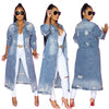 Ripped Raw Hem Button Front Longline Denim Coat Women Cardigan Breasted Holes Jackets Pockets High Street Outerwear Autumn