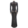 Women Mesh See Though Diamonds Rhinestones Cutout Front Long Sleeve Sexy Party Club Evening Prom Maxi Long Dress