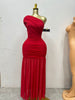 Women One Shoulder Skew Neck High Split Pleated Hem Bodycon Long Maxi Dress Evening Sexy Club Party Dresses Vestido