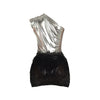 Women One Shoulder Skew Collar Bodysuit + Fur Tassel Bodycon Midi Skirt Dress Set Outfit Two 2Piece Set