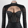 Women Mesh See Though Diamonds Rhinestones Cutout Front Long Sleeve Sexy Party Club Evening Prom Maxi Long Dress