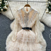 Elegant Embroidered Sequins Long Dresses Autumn Women Layer Ruffles Cake Full Sleeve Evening Party Vestidos Mesh Tulle Long Robe