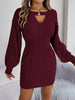 Autumn Winter Solid Color Woolen Dress O-Neck Lantern Long Sleeve Hollow Out Knitted Mini Dresses Woman Clothing