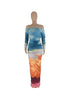 Women Gradient Tie Dye Printed Off Shoulder Long Sleeve Maxi Long Midi Bodycon Ruched Dress Sexy Party Club Dresses