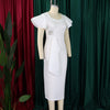 Women Short Ruffles Sleeve O-neck Ribbon Bodycon Midi Dress Street Africa OL Evening Sexy Party Dresses Vestido