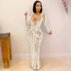Women Long Sleeve V-neck Rhinestones Slit Back Crystal Bodycon Maxi Dress Sexy Club Party Pencil Evening Long Dress
