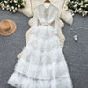 Elegant Embroidered Sequins Long Dresses Autumn Women Layer Ruffles Cake Full Sleeve Evening Party Vestidos Mesh Tulle Long Robe