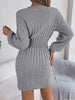 Autumn Winter Solid Color Woolen Dress O-Neck Lantern Long Sleeve Hollow Out Knitted Mini Dresses Woman Clothing