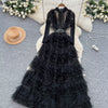 Elegant Embroidered Sequins Long Dresses Autumn Women Layer Ruffles Cake Full Sleeve Evening Party Vestidos Mesh Tulle Long Robe
