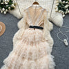Elegant Embroidered Sequins Long Dresses Autumn Women Layer Ruffles Cake Full Sleeve Evening Party Vestidos Mesh Tulle Long Robe