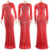 Women Mesh Patchwork Diamonds Rhinestones Bodycon Midi Mermaid Maxi Dress Evening Sexy Party Dresses Vestidos