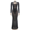 Women Mesh See Though Diamonds Rhinestones Cutout Front Long Sleeve Sexy Party Club Evening Prom Maxi Long Dress